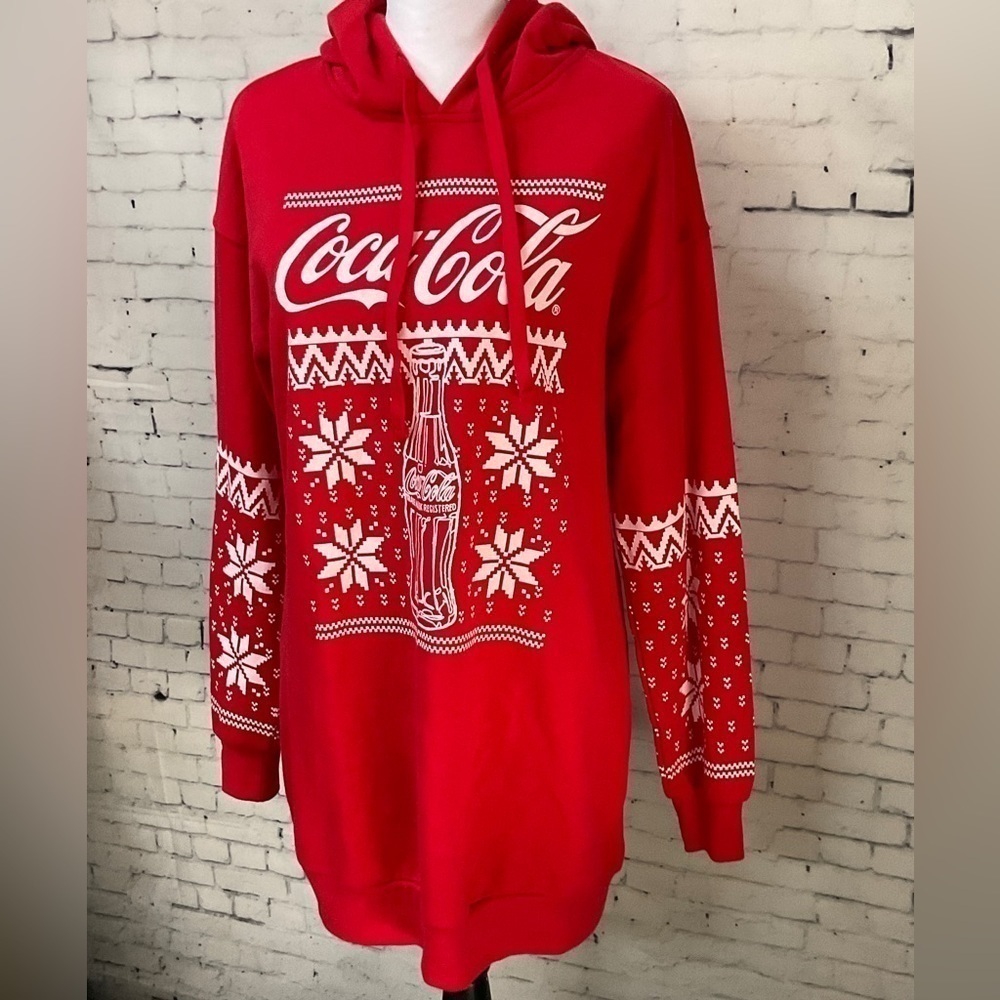 Coca Cola Womens Red Holiday Long Sleeve‎ Hooded Graphic Sweatshirt Dress S H2 - Picture 3 of 11